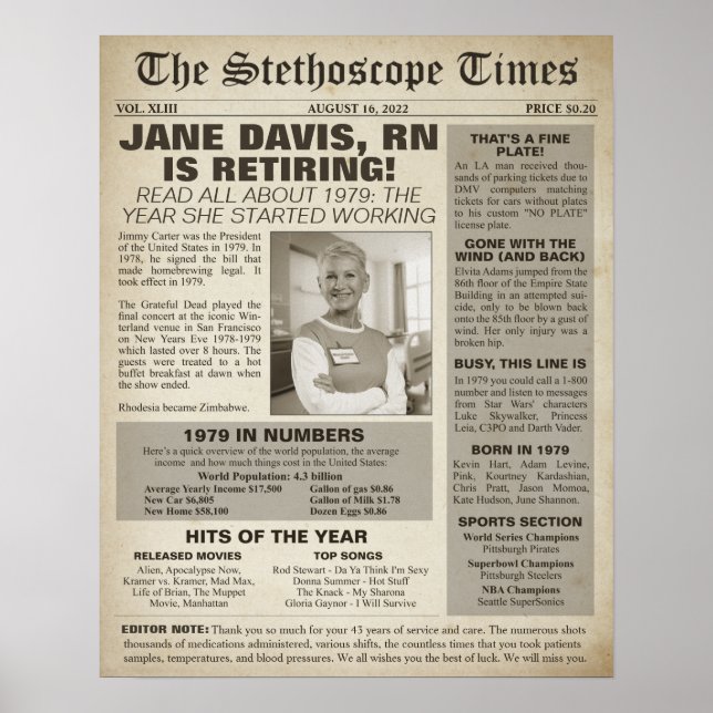 Poster 1979 Stethoscope Times for Nurse Retirement Party  (Frente)