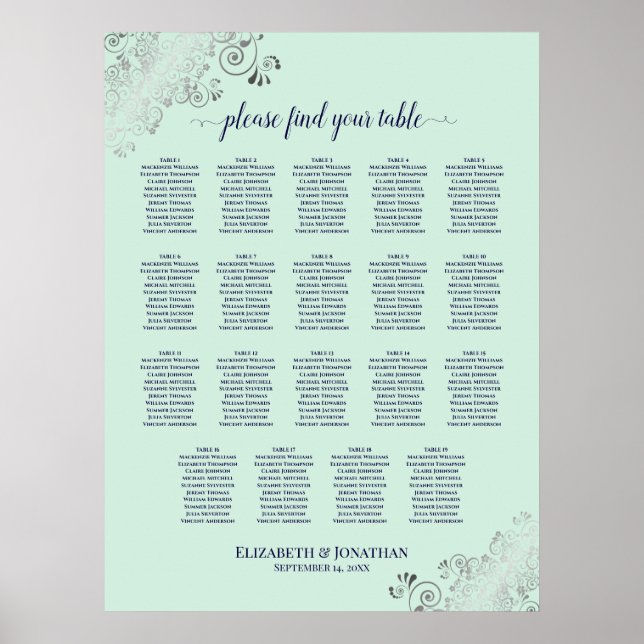 Poster 19 Mesa Mint Green & Marinho Wedding Seating Chart (Frente)