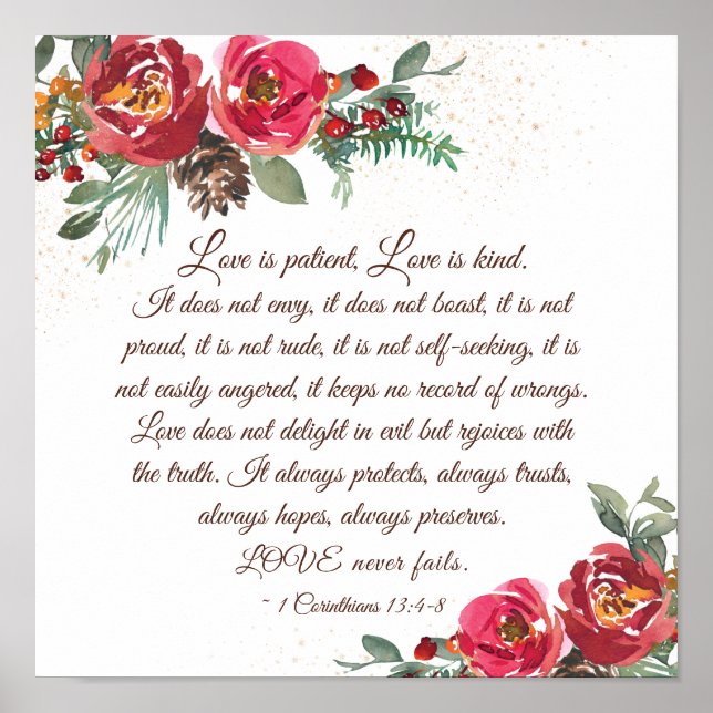 Poster 1 Corinthians 13:4-8 O amor é Rosas vermelhas do p (Frente)