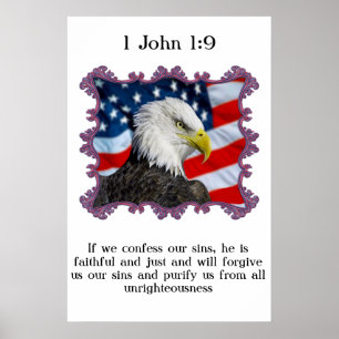 Poster 1 John 1:9 Com Águia em frente à bandeira american