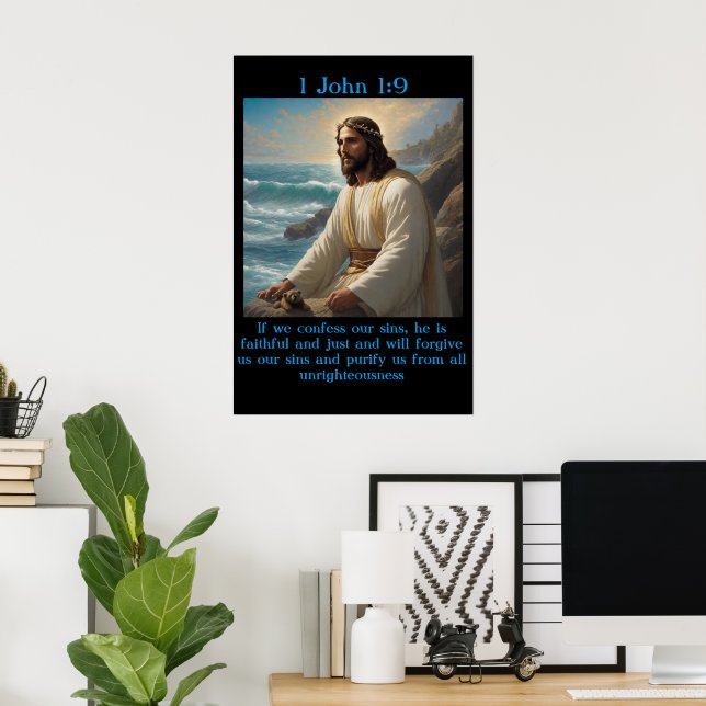 Poster 1 John 1:9 com um barco velho no oceano calmo (Escritório em casa)