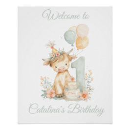 Póster 1st Birthday Poster Sign Highland Cow