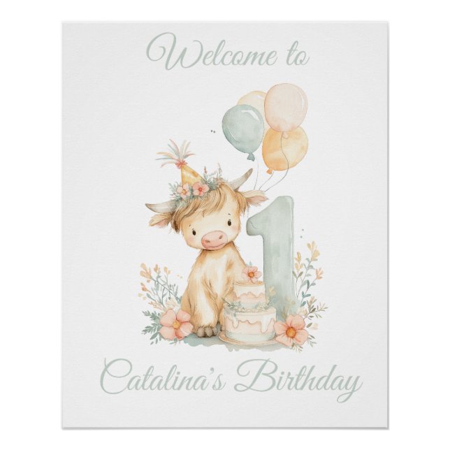 Póster 1st Birthday Poster Sign Highland Cow (Frente)