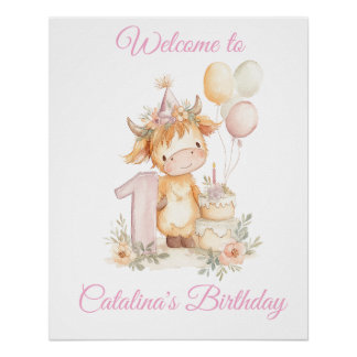 Póster 1st Birthday Poster Sign Highland Cow