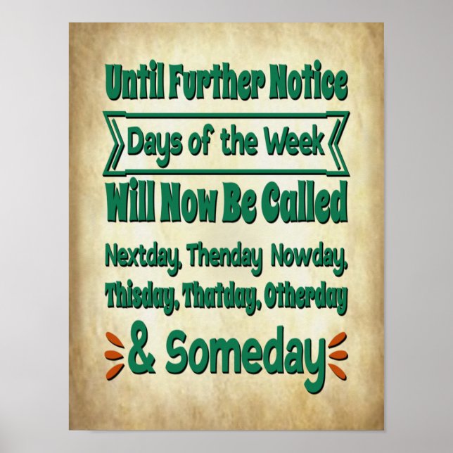 Poster 2020 Dias da Semana de Quarentena Engraçada (Frente)