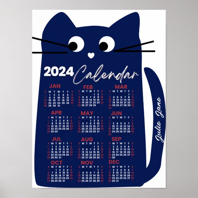 Poster 2024 Ano Calendário Mensal - Médio Azul Gato (Frente)