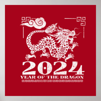 Poster 2024 Ano Zodíaco Vermelho Chinês do Dragão