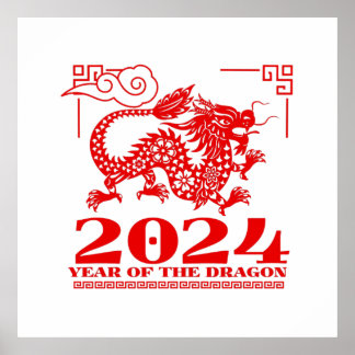 Poster 2024 Ano Zodíaco Vermelho Chinês do Dragão Trabalh