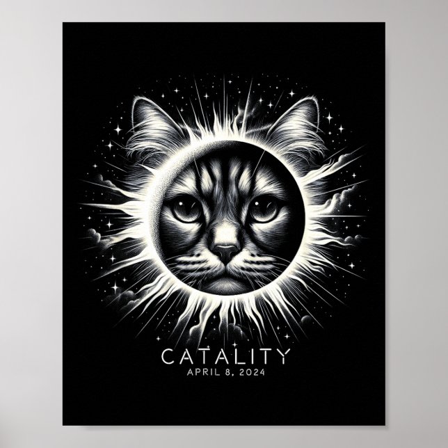 Poster 2024 Eclipse Solar Total Engraçado Catality Gato C (Frente)