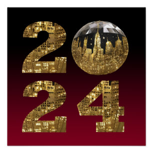 Póster 2024 Novo Ano-Ball-NYC Dourado e Vermelho