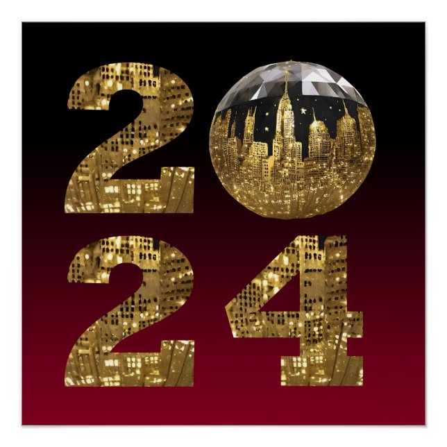Póster 2024 Novo Ano-Ball-NYC Dourado e Vermelho (Frente)