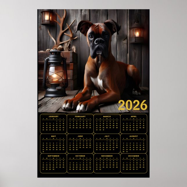 Poster 2026 Boxer Dog Calendar – Rustic Cabin Portrait (Frente)