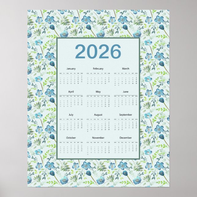 Poster 2026 Calendar Full Year Blue Floral (Frente)