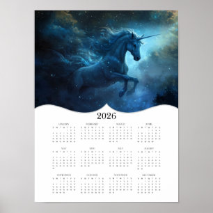Poster 2026 Fantasy Blue Unicorn Calendário do Ano de Che
