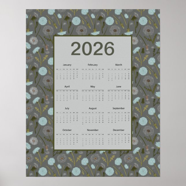 Poster 2026 Full Year Calendar Gray Blue Dandelion (Frente)