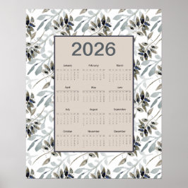Poster 2026 Full Year Calendar Leaves Botanical