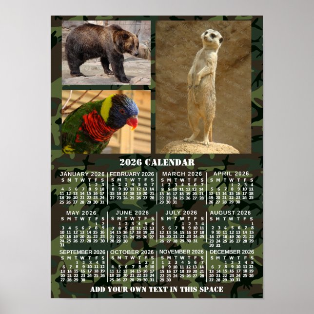 Poster 2026 Year Monthly Calendar Camouflage Add 3 Photos (Frente)
