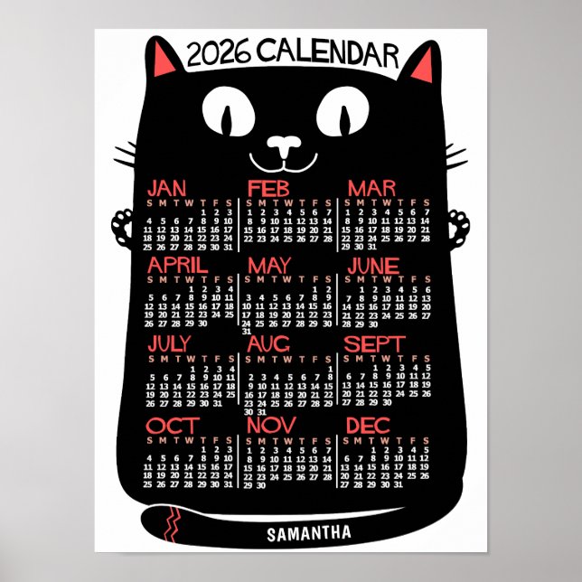 Poster 2026 Year Monthly Calendar Mid-Century Black Cat (Frente)
