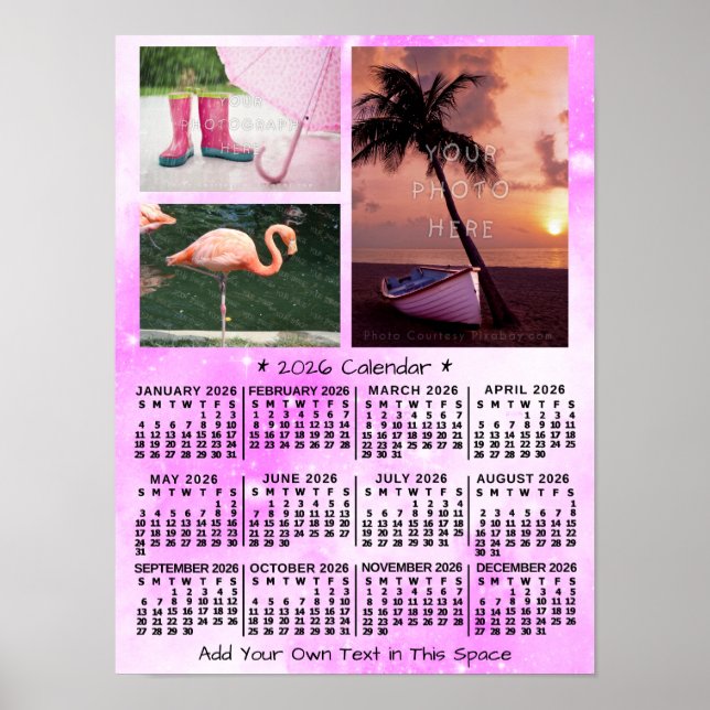 Poster 2026 Year Monthly Calendar Pink Watercolor 3 Photo (Frente)