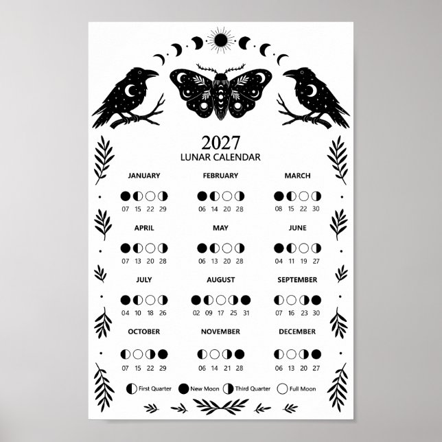Poster 2027 Moth Crow Celestial Lunar Moon Calendar (Frente)