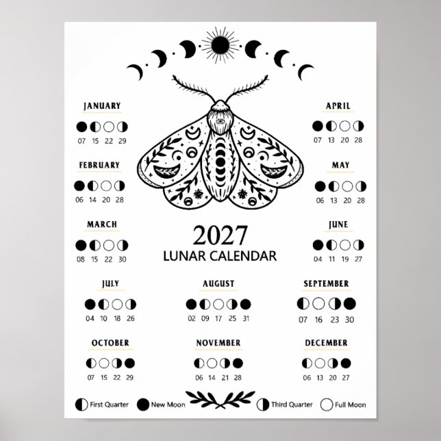 Poster 2027 Witchcraft Moth Celestial Lunar Moon Calendar (Frente)