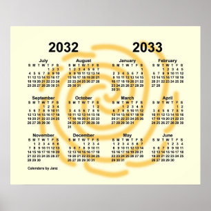Poster 2032-2033 Calendário do Ano Escolar dos Dias Úteis