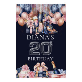 Póster 20 de Luxo Aniversário Personalizado Champanhe Hee