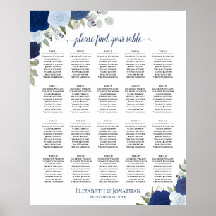 Poster 20 Gráfico de Assentos de Casamento Floral Azul El
