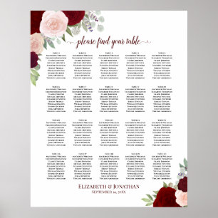 Poster 20 Gráfico de Assentos de Casamento Floral, Vermel