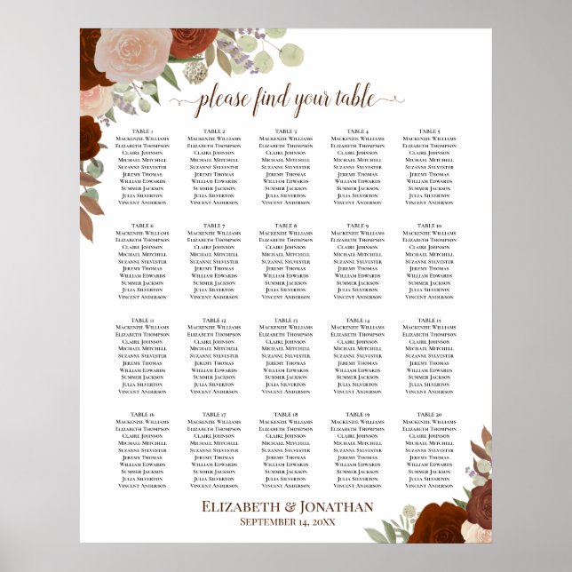Poster 20 Mesa Carta de Assentos de Casamento Rosas Outon (Frente)
