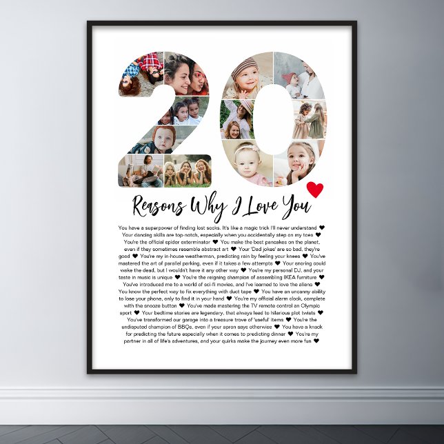 Poster 20 Razões Por Que Eu Te Amo Na Colagem De Aniversá (20 reasons why I love you poster wall art)