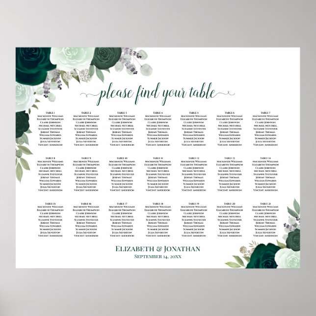 Poster 21 Mesa Emerald Boho Floral Wedding Seating Chart (Frente)