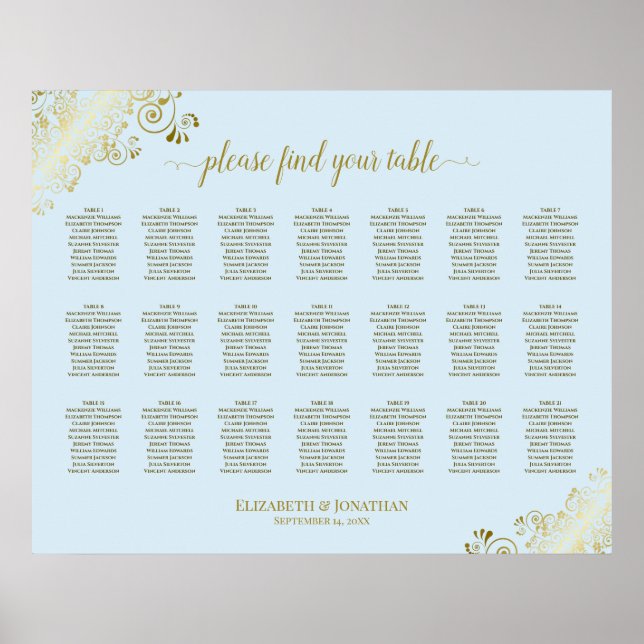Poster 21 Mesa Gráfico de Assentos de Casamento Azul Pó e (Frente)