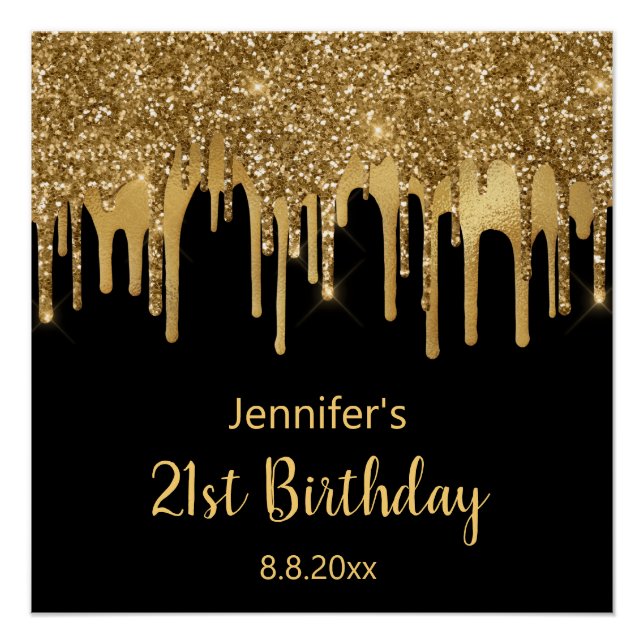 Póster 21 rua feliz aniversário dourado preto na moda (Frente)
