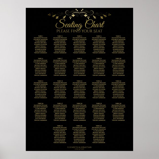 Poster 23 Gráfico de Assentos de Casamento Elegante Negro (Frente)