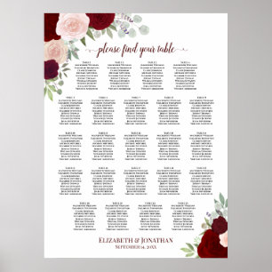 Poster 23 Mesa Carta de Assentos Casamento Floral Vermelh