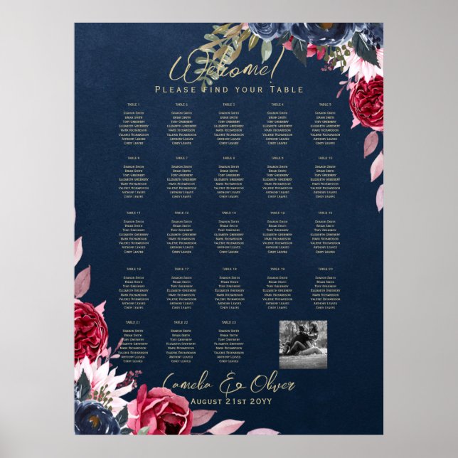 Poster 23 Mesa Seating Chart Foto Bem-vindo com Nomes (Frente)