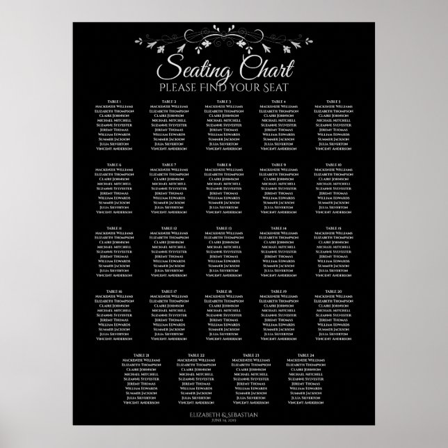 Poster 24 Gráfico de Assentos de Casamento Negro Elegante (Frente)