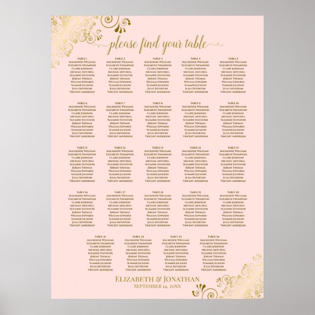 Poster 24 Gráfico de Assentos de Casamento Rosa e Dourado (Frente)