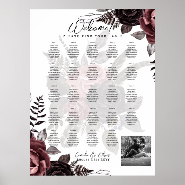 Poster 24 Gráfico de Assentos de Mesa com Nomes, FOTO Bem (Frente)