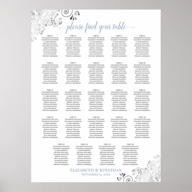 Poster 24 Gráfico de Casamento Chic Branco e Azul Mesa (Frente)