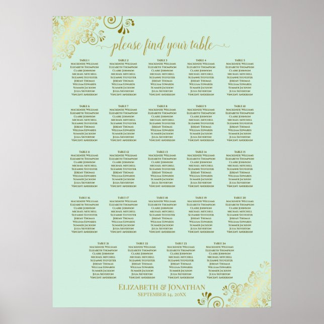 Poster 24 Gráfico de Lugares Verde e Dourado de Casamento (Frente)