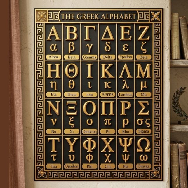 Poster 24 Letras do Alfabeto Grego Presente - Estética Gr (Black gold aesthetic room decor, Order Greek letters wall print, Ancient Greece gift home decor)