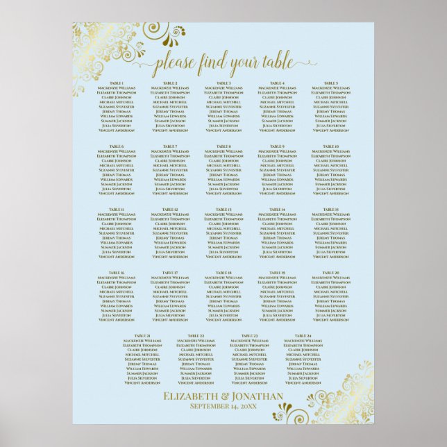 Poster 24 Mesa Pó Gráfico de Casamento Azul e Dourado (Frente)