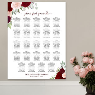 Poster 24 Table Red & Pink Floral Wedding Seating Chart