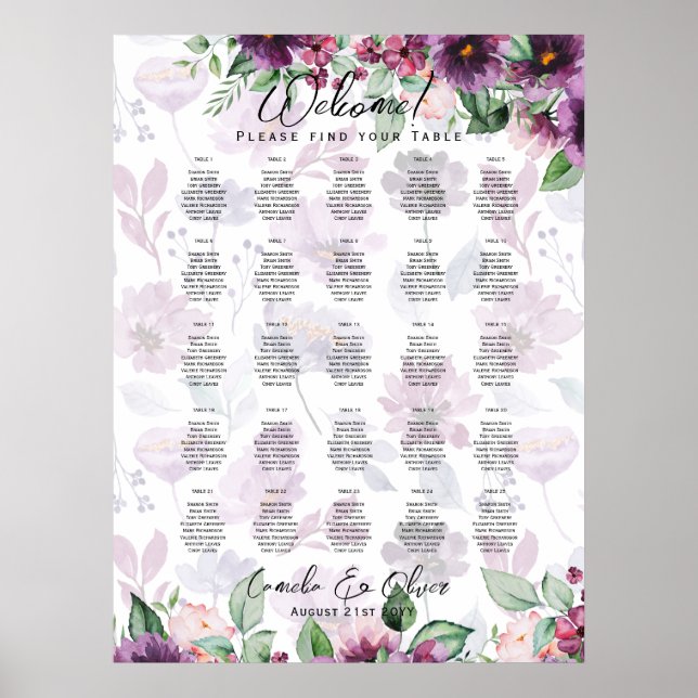 Poster 25 GRÁFICO DE ASSENTAMENTO FLoral, Roxo, Mesa (Frente)