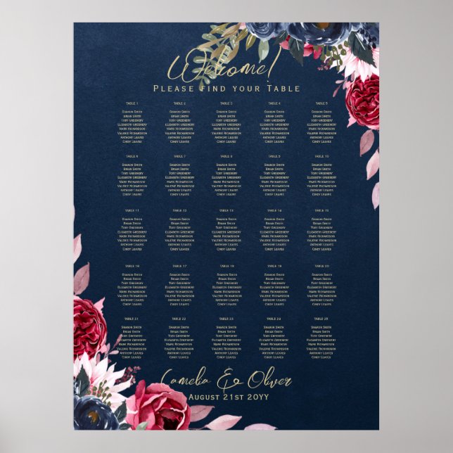 Poster 25 Mesa Borgonha azul Dourada Floral (Frente)