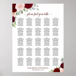 Poster 25 Table Red & Pink Roses Wedding Seating Chart