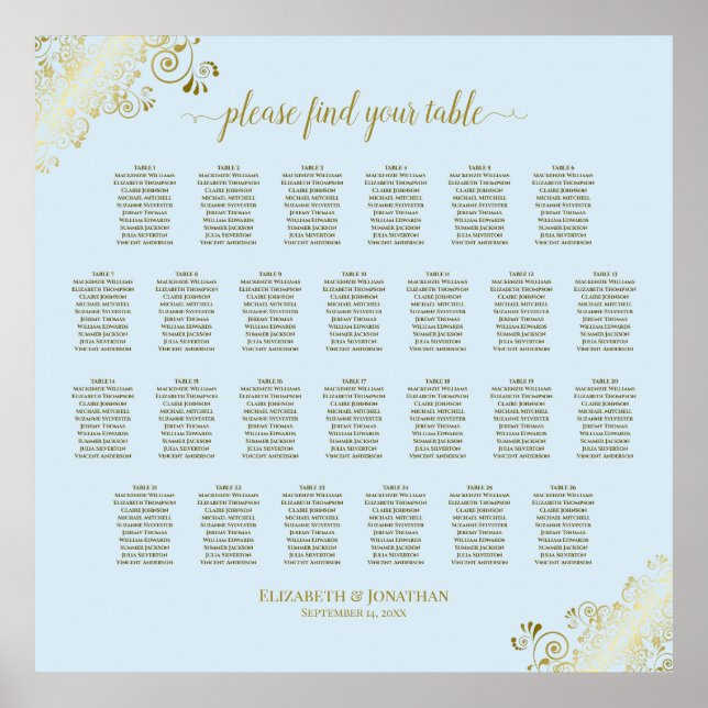 Poster 26 Gráfico de Casamento de Mesa Azul e Dourado (Frente)