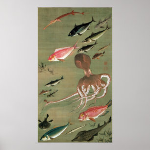Poster 27. 諸魚図, vários peixes do 若冲, Jakuchū,